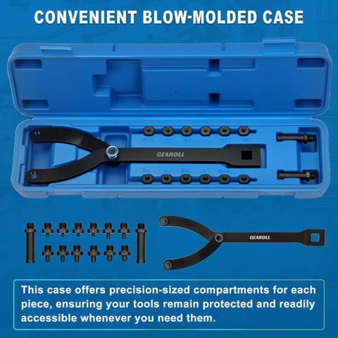 15 Piece Universal Pulley Holder Tool Kit Pro Grade With Variable Pin Spanner Wrench Set and Ratchet in blow-molded case