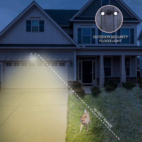 Outdoor Security Flood Light Dual Head 20W LED Bullet Style Flood Light illuminating driveway at night, house in background.