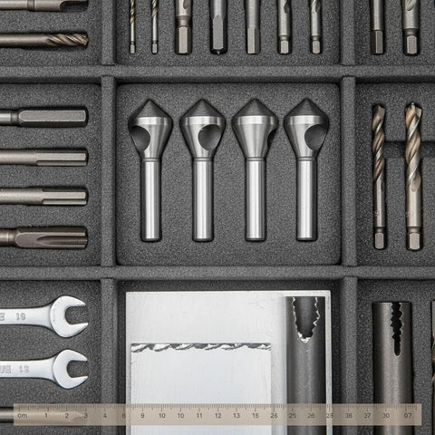 4 Piece Pro Grade High Speed Steel Deburring Tool Kit for metal holes and sheet metal edges in foam case