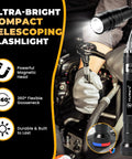 Person using ultra-bright compact telescoping flashlight with magnetic head, 360° flexible gooseneck in automotive setting.