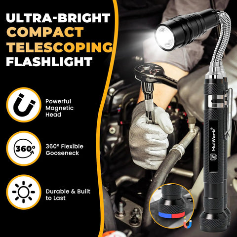 Person using ultra-bright compact telescoping flashlight with magnetic head, 360° flexible gooseneck in automotive setting.