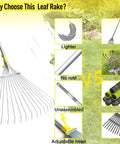 Expandable Leaf Rake For Lawns And Gardens With 7 To 23 Inch Head And 64 Inch Adjustable Metal Handle features chart