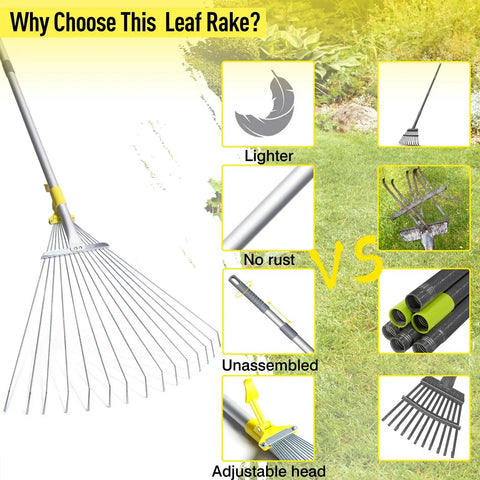 Expandable Leaf Rake For Lawns And Gardens With 7 To 23 Inch Head And 64 Inch Adjustable Metal Handle features chart