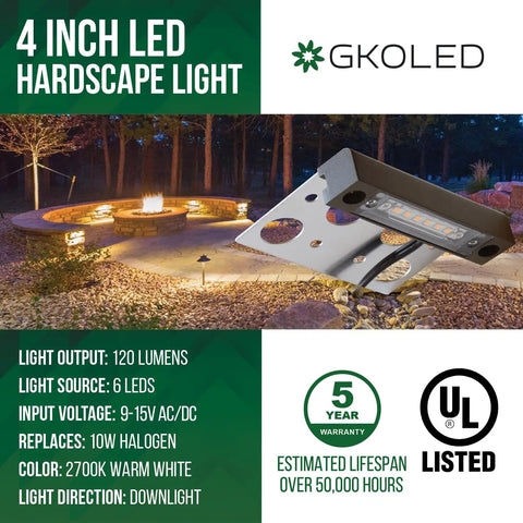 Image showing 4 Inch Outdoor LED Hardscape Light for Paver Walls and Steps, 2W 2700K Warm White, UL Listed, with installation details.
