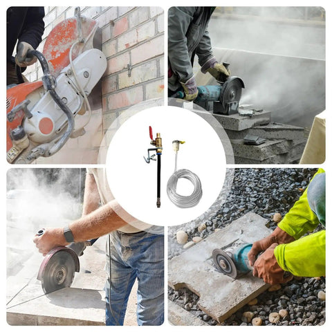 Heavy Duty Angle Grinder Water Attachment With Brass Adjustable Nozzle And Flexible Hose For Dust Suppression and wet tile cutting in action.