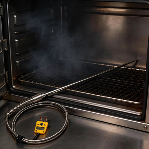 TL1915SL K-type thermocouple probe with 6-in thin tip and braided cable, yellow readout, installed in oven