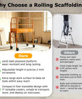 Heavy Duty Baker Style Rolling Steel Scaffold Built Like A Tank For 1000 Lb Loads showcased with adjustable height features and lockable casters.