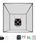 10x10x10 Ft Golf Batting Cage Net For Backyard And Indoor Practice With Half Cover Design, 3 Ply Knotless Polyester, accessories shown