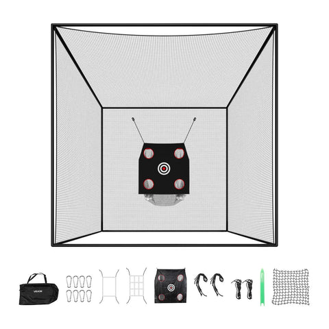 10x10x10 Ft Golf Batting Cage Net For Backyard And Indoor Practice With Half Cover Design, 3 Ply Knotless Polyester, accessories shown