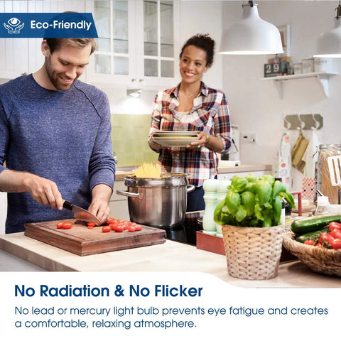 Couple cooking in kitchen lit by A19 LED Bulb 9W Equivalent 60W Daylight 5000K 850 Lumen E26 Base 120V Dimmable Light Bulb