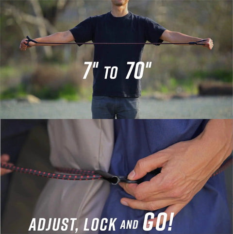 Person demonstrating 7 to 70 inch Heavy Duty Adjustable Bungee Cords With Hook And Carabiner, showing stretch and quick adjust hooks