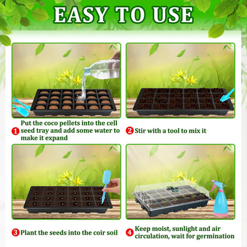 Steps to use No Fuss Indoor Seed Starter Tray Kit Set for Quick Germination with trays, coco pellets, humidity lid, and tools