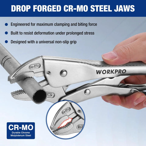 Hands using 2-Piece Locking Pliers Set With 6.5 Inch Long Nose And 10 Inch Curved Jaw For Boss Grip, CR-MO Steel Construction on metal rod