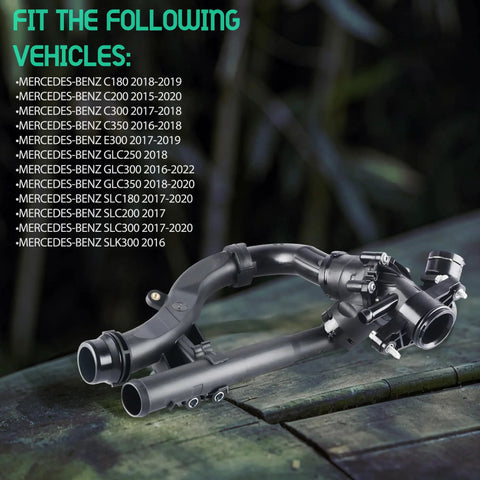 Premium Cooling System Water Pump Thermostat For Mercedes Benz C200 C300 E300 Glc250 Glc300 showing connector angles on a wooden background.