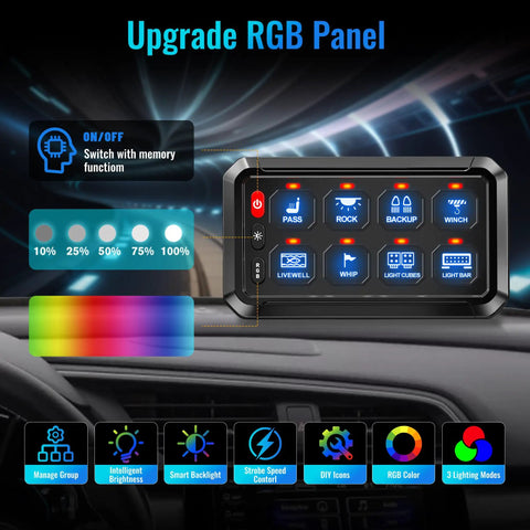 RGB Eight Gang Switch Panel For 12 24V Automotive Systems With Bluetooth App Control, illuminated on dashboard