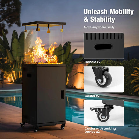 41,000 BTU Propane Patio Heater With Lockable Wheels And Weather Cover shown by poolside in garden, wheels and handles close-up