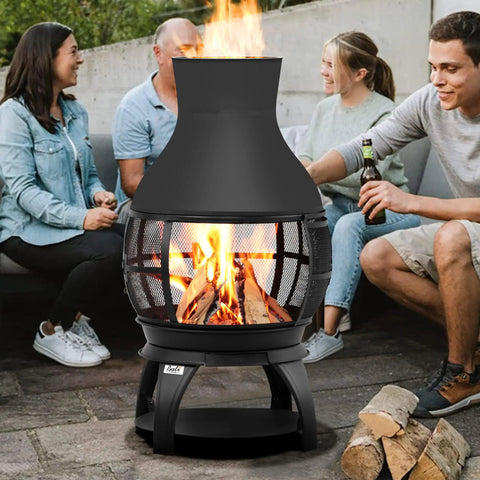 Compact Wood Burning Chiminea Fire Pit for Outdoors on patio with friends, 17.7" wide, 35.6" tall, cast iron, brown black finish