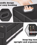 Trunk Organizer For Your Car Storage Foldable And Waterproof With Reinforced Handles Multi Compartment Design Collapsible Two Large Compartments Mesh Pockets And Easy Access Great For Car Accessories SUV Black Standard shown with reinforced handle and mesh pockets side view.