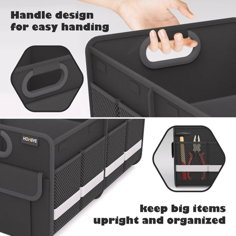 Trunk Organizer For Your Car Storage Foldable And Waterproof With Reinforced Handles Multi Compartment Design Collapsible Two Large Compartments Mesh Pockets And Easy Access Great For Car Accessories SUV Black Standard shown with reinforced handle and mesh pockets side view.