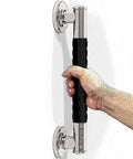 Hand holding 1-1/4 X 24 Inch Stainless Steel Bath Safety Grab Bar With No Slip Rubber Grip ADA Compliant 500 Lb Load Capacity