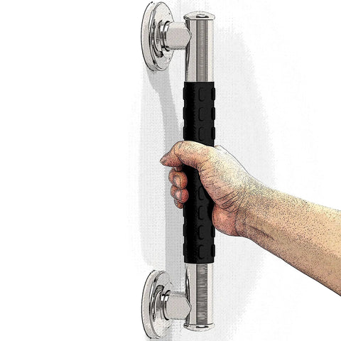 Hand holding 1-1/4 X 24 Inch Stainless Steel Bath Safety Grab Bar With No Slip Rubber Grip ADA Compliant 500 Lb Load Capacity