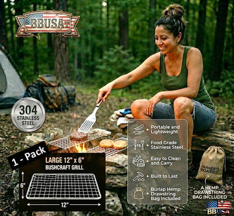 Portable Bushcraft Stainless Steel 304 BBQ Grill Grate With Burlap Hemp Drawstring Bag Large 6x12 Inch for camping cooking