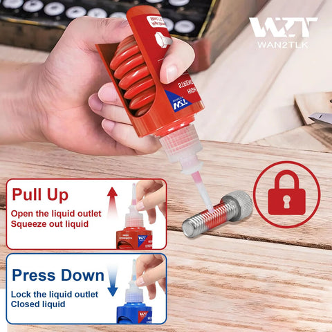 Front view of WAN2TLK thread locker bottle red and blue applying liquid to metal bolt (50 ml x 2).