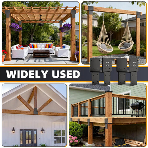 6x6 Post Brackets Four Pack Heavy Duty Wood Connectors For Post To Beam Connections And Outdoor Structure Support Reinforces Decks Fences And Railings With Beefy Steel Build And Easy Install on pergola, deck and porch posts