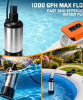 High Power Cordless Submersible Water Pump Kicking Out Standing Water Fast With 1000Gph Brushless Motor And 14 Foot Cable For Pool Draining And Sump Jobs Runs Smooth On Standard 20V Batteries For Heavy Yard Chores in pool with hose.