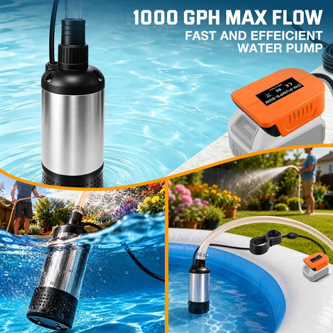 High Power Cordless Submersible Water Pump Kicking Out Standing Water Fast With 1000Gph Brushless Motor And 14 Foot Cable For Pool Draining And Sump Jobs Runs Smooth On Standard 20V Batteries For Heavy Yard Chores in pool with hose.