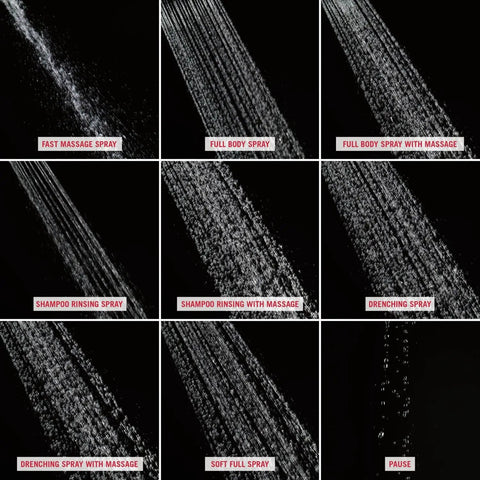 Collage of nine spray patterns from the 9-Spray Touch-Clean Handheld Shower Head With Hose Wall Mount Chrome Finish Boss Full-Body Spray
