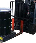 Forklift lifting a black drum on a Modular Drum Spill Platform With Drain, Heavy Duty Workhorse Containment Tray, 26.25 x 26 x 6.5 Inches
