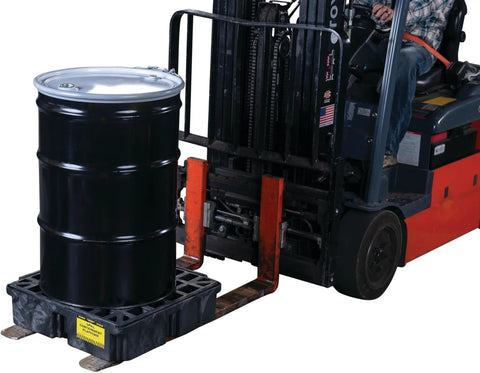 Forklift lifting a black drum on a Modular Drum Spill Platform With Drain, Heavy Duty Workhorse Containment Tray, 26.25 x 26 x 6.5 Inches