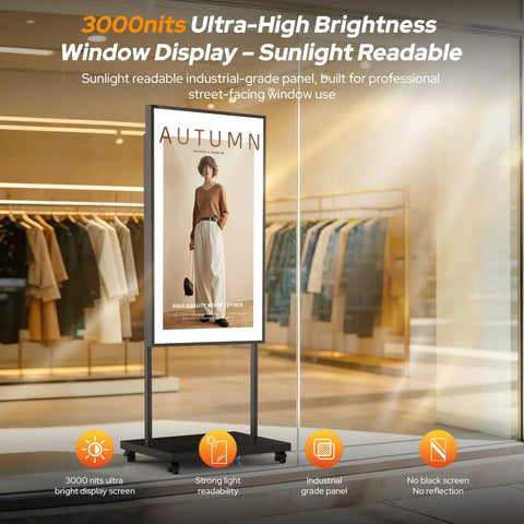 Straight Fire 65 Inch Storefront Digital Signage Display, Sunlight Clear 3000 Nits Android 14 Ad Screen With Auto Brightness, Rock Solid Heat Resistant Panel, Wifi Usb Hdmi Ready in a storefront.