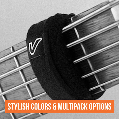 Gruv Gear FretWrap installed on guitar neck; black fabric dampener with Velcro strap, close-up