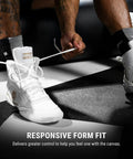 Person tying laces on Mayweather Champ Boxing Shoes For Men And Women Unisex White Gold Mid Height Traction And Stability For Training