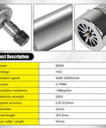 800W 110V CNC Spindle Motor Air Cooled 52mm ER16, 20000 RPM, 0.79 Nm Torque, product features and specifications shown