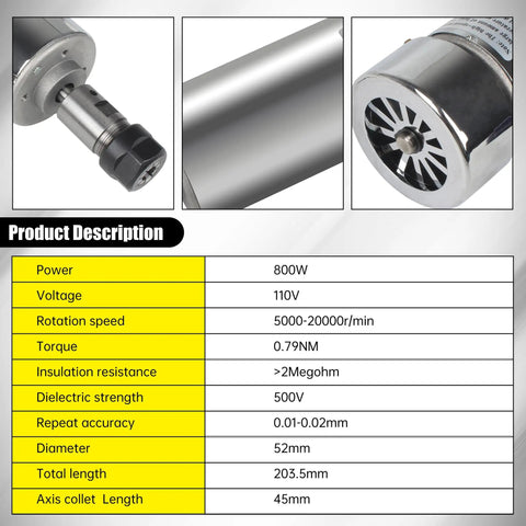 800W 110V CNC Spindle Motor Air Cooled 52mm ER16, 20000 RPM, 0.79 Nm Torque, product features and specifications shown