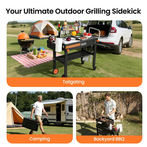 Folding Grill Table For 17 Inch And 22 Inch Griddles, Tailgate Ready Portable Grill Cart With Wheels used for outdoor cooking
