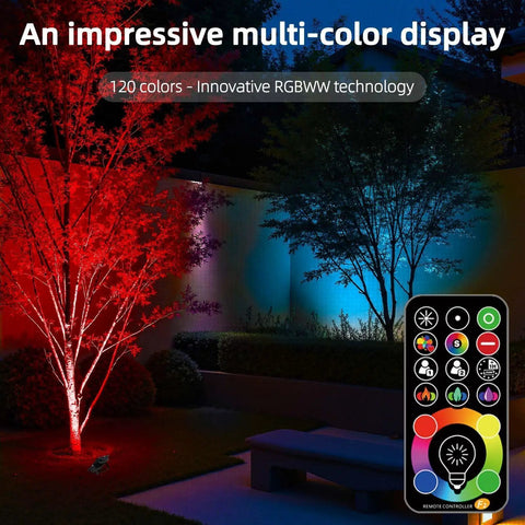 Outdoor 50W RGBW LED Flood Light With Remote Control illuminating trees with 120 color modes, visible remote, vibrant yard display.