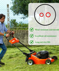 Three Piece Black Carburetor Float Bowl Gasket Kit With Replacement Washers graphic shown with lawnmower in use
