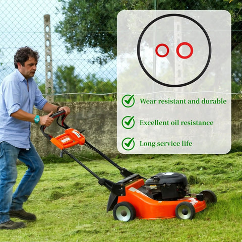 Three Piece Black Carburetor Float Bowl Gasket Kit With Replacement Washers graphic shown with lawnmower in use