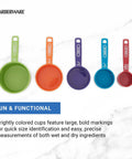 Colorful Nestable Measuring Cup Set with Two Tablespoons Coffee Scoop, Durable BPA Free Plastic, Dishwasher Safe, Clear Markings