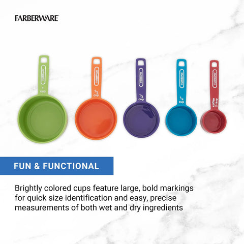 Colorful Nestable Measuring Cup Set with Two Tablespoons Coffee Scoop, Durable BPA Free Plastic, Dishwasher Safe, Clear Markings