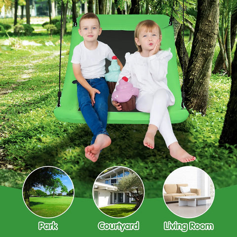 Giant 60 Inch Platform Tree Swing for Kids and Adults Indoor Outdoor Large Swing with Oxford Fabric Adjustable Hanging Ropes Built to Last in Backyard Park or Playground, showing kids sitting on it outdoors.