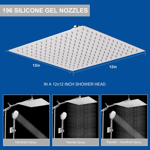 Massive 12 Inch Square Rain Shower Head With Handheld Combo showing 196 silicone nozzles and different spray modes