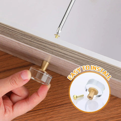 Installation of Dope Crystal Glass Cabinet Knobs 8 Pack Gold Brass Drawer Handles For Furniture on wooden drawer