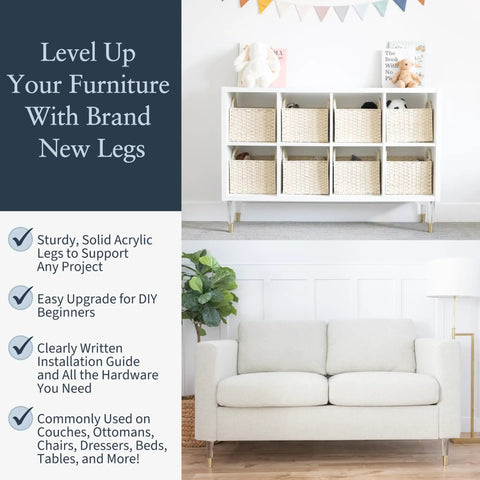 Gold Cap Clear Acrylic Furniture Legs Set Of 4 with Mid Century Style on storage cabinet and sofa, showcasing modern decor.