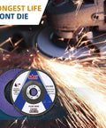 20 Pack Ceramic Flap Discs 60 Grit 4.5 Inch Diameter 0.875 Inch Arbor Bevel Type 29 for Angle Grinders in use, sparks flying.