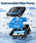 690GPH Submersible Pond Filter Pump with RGB LED Fountain Light showing multi-stage filtration with sponge, bio-ball, and filter stones